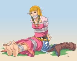 bondage boots boots_removed clothed feet foot_fetish foot_focus gag gagged mrgagfoot princess_zelda skyward_sword tape tape_bondage tape_gag taped_ankles taped_arms taped_mouth taped_toes the_legend_of_zelda tied_up zelda_(skyward_sword)