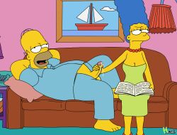 1boy 1girls bored canon_couple clothed couch cum female handjob homer_simpson hwiz male marge_simpson penis reading straight the_simpsons