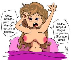 1girls bed big_breasts big_hair blue_eye breasts brown_hair español female huge_breasts huge_hair in_bed large_breasts large_hair naked naked_female naked_shirt nipples nude nude_female only_female only_one_naked open_mouth purple_eyebrows solo spanish spanish_text speech_bubble una_alienada wake wake_up youtube youtube_hispanic youtuber_girl