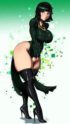 1girls anguriask big_breasts bubble_butt clothed clothing covering_crotch dark_hair exposed_thighs female fubuki_(one-punch_man) green_eyes green_hair heel_boots large_penis legs medium_hair one-punch_man solo thick_thighs thighs white_skin wide_hips