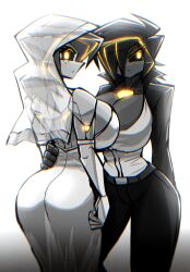 2d 2d_(artwork) 2girls albry_(zzzhodazzz) ass back big_breasts black_body black_hair breasts dress female_only freckles glowing_eyes kyurby_(zzzhodazzz) married_couple open_shirt robot_girl suit tagme veil wedding_dress white_background yellow_eyes yuri zzzhodazzz