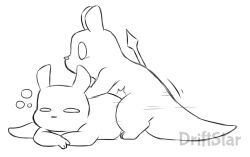 ambiguous_gender blush cuntboy driftstar duo feral gastropod humping hunter_(rain_world) hybrid intersex line_art male mollusk rain_world simple_background sleeping slugcat thick_tail weapon white_body