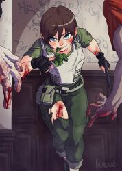 blood blue_eyes brown_hair capcom female female_only firearm gun handgun herbs human khartemis muscular muscular_female pistol rebecca_chambers resident_evil short_hair solo solo_female thick_thighs weapon zombie