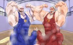 balls bara boner braum cum cum_through_clothes erection frottage gay hitenmaru league_of_legends male male_only muscles muscular musk overwatch penis penises_touching reinhardt singlet sweat sweating