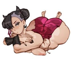 alternate_hairstyle big_breasts black_hair black_nails game_freak goth green_eyes huge_ass laying_on_stomach marnie_(pokemon) nintendo pokemon pokemon_ss punk tod0231 white_background