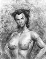 1girls areolae bare_shoulders breasts collarbone earrings eyelashes female female_focus female_only gundam human jewelry kycilia_zabi lips looking_at_viewer medium_breasts mobile_suit_gundam monochrome nipples nude pencil_(artwork) pinup short_hair solo solo_female villainess