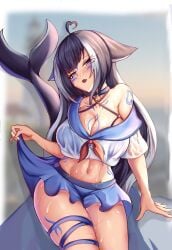 breasts busty cleavage female female_only indie_virtual_youtuber midriff navel short_skirt shylily skirt small_but_busty solo_female thighs virtual_youtuber wet wet_clothes whale_girl