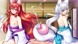 3boys animal_ears aogiri_penta blush censored cum ejaculation fox_boy fox_ears fox_tail game_cg green_eyes josou_souseiki long_hair looking_at_viewer male male_focus masato_(josou_jinja) multiple_boys nipples original penis pov red_hair red_tail silver_hair silver_tail smile tail tailjob tamaki_(josou_jinja) trap yaoi yui_(josou_jinja)