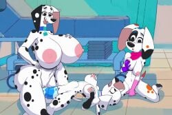 101_dalmatian_street 3:2 anthro ass big_breasts bodily_fluids breasts canid canine canis conditional_dnp da_vinci_(101_dalmatians) dalmatian delilah_(101_dalmatians) digital_media_(artwork) dolly_(101_dalmatians) domestic_dog duo female female/female female_only fur genitals group hair hi_res huge_breasts incest mammal nipples nude open_mouth penetration pussy sex smile solo spots thick_thighs tongue turboranger vaginal_penetration white_body white_fur