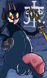 big_penis black_fur cartoon_anatomy cuphead_(game) demon demon_boy demon_horns demon_humanoid demon_tail flaccid flaccid_penis geekirrational humanoid humanoid_genitalia humanoid_penis humanoid_pointy_ears looking_at_viewer male male_only penis penis_out the_devil_(cuphead) yellow_eyes