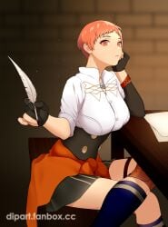 1girls asymmetrical_gloves bare_legs breasts dip_art feathers female female_only fingerless_gloves fire_emblem fire_emblem:_three_houses garreg_mach_monastery_uniform gloves indoors large_breasts leonie_pinelli looking_at_viewer nintendo orange_eyes orange_hair short_hair short_orange_hair solo table very_short_hair