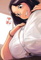 1boy 1girls between_breasts breasts giantess huge_breasts hunter_rank_e large_breasts larger_female smaller_male