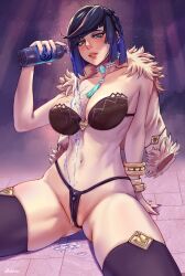 1girls blue_hair bob_cut bra breasts cleavage curvy female female_only genshin_impact green_eyes hi_res jacket large_breasts looking_at_viewer navel pouring short_hair spread_legs thick_thighs thighhighs thong ultrabinou underwear water water_bottle yelan_(genshin_impact)