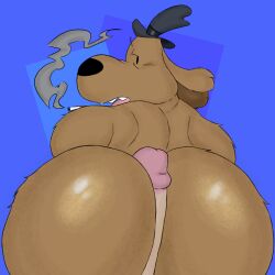 1:1 2020 absurd_res anthro ass between_butt big_butt black_clothing black_hat black_headwear blue_background brown_body brown_fur bubble_butt canid canine canis cigarette clothing disembodied_penis domestic_dog erection filthyopossum first_person_view fur genitals hat headgear headwear hi_res humanoid_genitalia humanoid_penis long_ears looking_at_viewer looking_back male male/male mammal open_mouth penis rear_view sam_and_max samuel_dog sharp_teeth simple_background smoke smoking solo_focus teeth tongue