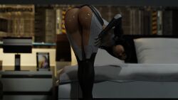 1girls 3d ass bent_over big_ass big_butt black_hair blender cabezadeperro00 clothed dark_hair dat_ass female female_only human human_only long_hair mass_effect miranda_lawson semi_clothed solo solo_female sweat