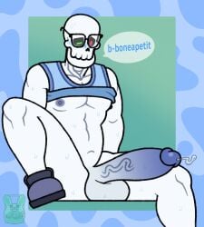 1boy big_balls big_penis chubby dr_skele erection glasses heterochromia male male_only nervous nipples pecs skeleton spanish_text text the_ornyrabi77 therabit tight_clothing veiny virtual_youtuber vtuber