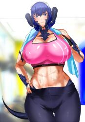 1girls abdomen abs au_ra big_breasts blue_eyes blue_hair blush detective_nanama final_fantasy final_fantasy_xiv horns milf nanama_kha nanamaxiv nipple scales scars short_hair smile solo solo_female solo_focus square_enix sweat sweatdrop sweating tail thick_thighs tight_clothes tight_clothing toned_female workout workout_clothes xaela yoga_pants