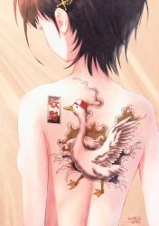 1girls artist_signature back_view bare_back black_hair breasts duck ears female hair_ornament harutari_(artist) hat hololive hololive_gen_2 hololive_japan light-skinned_female oozora_subaru short_hair shuba_duck solo_female tattoo tattoo_on_back tomboy virtual_youtuber