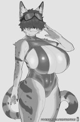 big_breasts bunybunyboi cleavage feline female goggles hair_over_eyes huge_breasts serval swimsuit tagme thick_thighs