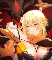 1boy 1girls armpits blonde_hair blush bra bra_pull bra_strap breasts cleavage enjou_(genshin_impact) female genshin_impact large_breasts lumine_(genshin_impact) male mask monster sweat upper_body