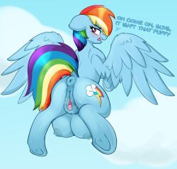 2022 absurd_res animal_genitalia animal_pussy anus ass blush breasts crotchboobs cutie_mark czu dialogue digital_media_(artwork) english_text equid equine equine_pussy eyebrows eyelashes female feral friendship_is_magic genitals hi_res hooves lactation large_breasts mammal multicolored_tail my_little_pony open_mouth outside pegasus pussy rainbow_dash_(mlp) rainbow_tail solo text underhoof wings