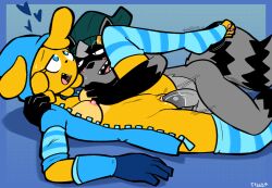 2021 4_toes 5_fingers anthro anthro_on_anthro anthro_penetrated anthro_penetrating anthro_penetrating_anthro balls black_body black_fur black_nose black_stripes blonde_hair blue_border blue_clothing blue_footwear blue_gloves blue_handwear blue_hoodie blue_socks blue_topwear blush bodily_fluids border bottomless breast_grab breasts canid canine canis clothed clothing domestic_dog dumpling_(tricktrashing) duo erection facial_markings feet felino female female_penetrated fingers fluffy fluffy_tail footwear fur furry furry_only genitals glans gloves gloves_(marking) gradient_background green_clothing green_hat green_headwear grey_balls grey_body grey_fur grey_hair grey_penis hair hand_on_breast handwear hat hat_only head_markings headgear headgear_only headwear headwear_only hoodie interspecies japanese_text legwear looking_at_another looking_up lying male male/female male_penetrating male_penetrating_female mammal markings mask_(marking) medium_breasts mostly_nude motion_lines nipples on_back open_mouth partially_clothed pattern_clothing pattern_footwear pattern_legwear pattern_socks pawpads penetration penis pink_glans pink_nipples pink_pawpads pink_pussy procyonid pussy raccoon raised_leg sex shaking sharp_teeth shirtless simple_background smile socks striped_body striped_clothing striped_footwear striped_fur striped_socks stripes sweat t_square_position tail tan_body tan_fur teeth teeth_gap text text_on_clothing text_on_hat text_on_headwear thighhighs thrusting toeless_footwear toeless_legwear toeless_socks toes topwear trembling trick_(tricktrashing) vaginal_penetration yellow_body yellow_fur