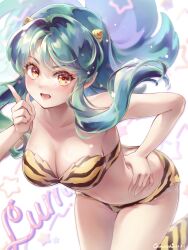 absurdres animal_print aqua_hair bangs bare_arms bent_over bikini breasts cleavage coconut_whip collarbone dated female floating_hair hand_on_hip highres horns index_finger_raised large_breasts long_hair looking_at_viewer lum oerba_yun_fang oni_female oni_girl open_mouth orange_eyes print_bikini solo strapless strapless_bikini swimsuit tiger_print urusei_yatsura very_long_hair