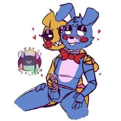 assisted_masturbation dominant_female five_nights_at_freddy's five_nights_at_freddy's_2 flesh_of_my_flesh grabbing_from_behind green_eyes handjob male_focus masturbation nervous precum smiling straight submissive_male toy_bonnie_(fnaf) toy_chica_(fnaf) white_background