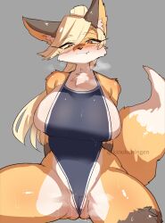 anthro bedroom big_breasts blush canine female fox fox's_sister_(kinokoningen) furry hourglass_figure kinokoningen looking_at_viewer one-piece_swimsuit seductive seductive_look seductive_smile sideboob solo spread_legs swimsuit voluptuous wet