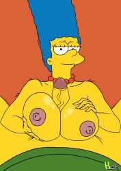 bed big_breasts big_penis clothed eye_contact female hwiz male marge_simpson naked ned_flanders nipples on_back paizuri partial_male penis pov the_simpsons titjob