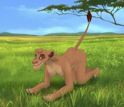 all_fours anthro blue_eyes breasts claws conditional_dnp disney felid female giftheck hi_res lion mammal nipples pantherine screencap_background smile solo tail_tuft the_lion_king tuft vitani