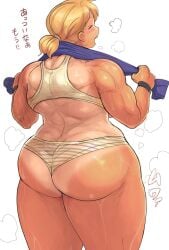 1girls after_workout ass back back_muscles back_view blonde_hair bra female hunter_rank_e muscular_female oc planet_(hunter_rank_e) ponytail solo solo_female strongfat sweat sweaty_legs tanline thick_thighs towel_around_neck underwear