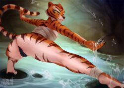 2022 anthro ass atsuii barely_visible_genitalia barely_visible_pussy breasts cameltoe chest_wraps crouching dreamworks felid female fur genitals kung_fu_panda mammal master_tigress orange_body orange_eyes orange_fur outdoors pantherine pink_nipples rear_view signature smile solo stripes tiger water wraps yellow_sclera