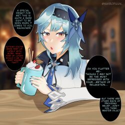 blue_hair blush diluc_(genshin_impact) drinking eula_(genshin_impact) genshin_impact pov red_eyes red_hair tavern yellow_eyes