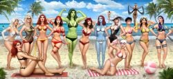 17girls 6+girls african african_female armwear asian asian_female avengers beach big_breasts bikini black_cat_(marvel) black_hair black_widow_(marvel) blonde_hair blue_skin breasts carol_danvers cleavage cleavage_cutout daredevil_(series) dark-skinned_female dark_skin elbow_gloves elektra_natchios emma_frost female female_only fit fit_female gloves green_hair green_skin group gwen_poole gwenpool gwenpool_(series) harem_outfit hi_res highres janet_van_dyne jean_grey jubilee light-skinned_female lineup marvel marvel_comics masked_female medium_breasts ms._marvel ms._marvel_(carol_danvers) multiple_girls mutant mystique natasha_romanoff nathan_szerdy nszerdy ocean one-piece_swimsuit ororo_munroe pale pale-skinned_female pale_skin phoenix_(x-men) pink-tinted_eyewear pink_goggles pinup pose posing psylocke red_hair rogue_(x-men) sand scarlet_witch seductive seductive_smile she-hulk short_shorts shorts skin_tight smaller_female storm_(x-men) straight_hair sunglasses tinted_eyewear toned_female wanda_maximoff wasp_(marvel) wavy_hair white_hair widescreen x-men