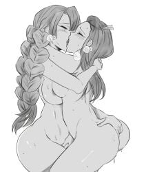 2girls anal_fingering areolae breast_size_difference breasts_on_breasts closed_eyes demon_slayer female female_only french_kiss hand_on_ass hug kamado_nezuko kanroji_mitsuri kimetsu_no_yaiba kissing large_breasts multiple_girls nipples nude nude_female open_mouth sweat visible_breath wide_hips yuri