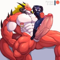 2022 abs absurd_res animal_genitalia anthro artist_name balls biceps big_muscles big_penis dragon duo e-zoid erection facial_markings frottage gargantuaz_(magangz) gay genital_slit genitals hair head_markings hi_res horn huge_cock huge_muscles humanoid humanoid_genitalia humanoid_on_anthro humanoid_penis machine macro male male/male male_only markings muscular muscular_anthro muscular_humanoid muscular_male navel nipple_piercing nipple_ring nipples non-mammal_nipples nude obliques patreon pecs penis penis_size_difference piercing quads robot robot_humanoid scalie sex signature simple_background sitting size_difference slit smile spikes spikes_(anatomy) standing teeth thick_penis vein veiny_penis wao_(e-zoid) white_background wingless_dragon