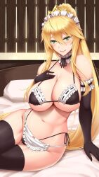 1girls akitsuki_karasu apron artoria_pendragon_(lancer) bed bedroom bicep_gloves big_breasts blonde_hair blush bra breasts busty choker elbow_gloves fate/grand_order fate_(series) female female_only frills green_eyes heart-shaped_pupils huge_breasts lace_choker lingerie long_hair long_ponytail maid maid_bikini maid_headdress panties side-tie_bikini smile stockings thighhighs tiara