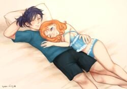 1boy 1girls annette_fantine_dominic bare_legs blue_eyes blue_hair blue_panties breasts felix_hugo_fraldarius female fire_emblem fire_emblem:_three_houses heartbeat hug male medium_breasts medium_hair nintendo off_shoulder on_bed orange_hair panties pillow ponytail post-timeskip quan_ming short_hair sideboob smile wholesome