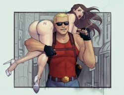 1boy 1girls 3d_realms ass_focus ass_up big_breasts big_butt bikini bikini_bottom bikini_top bimbo blonde_hair brown_hair butterfly cigar clothed_male curvy_female devil_hs duke_nukem duke_nukem_(series) ear_ring female green_eyes gun gun_holster high_heels muscular muscular_male size_difference stiletto_heels sunglasses thong tramp_stamp very_high_heels