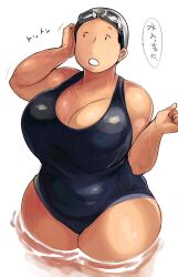 1girls bbw big_breasts breasts chubby female huge_breasts hunter_rank_e large_breasts mob_face mochida_(hunter_rank_e) one-piece_swimsuit plump simple_face solo solo_female swimming_cap swimming_goggles thick_thighs