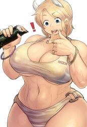 ! 1girls big_breasts bikini blonde_hair blue_eyes bracelet breasts earrings ehoumaki female female_focus giantess hijiri_shirakami horn horns huge_breasts hunter_rank_e large_breasts larger_female muscular_female nipple_bulge planet_(hunter_rank_e) rings saliva saliva_string size_difference smaller_male