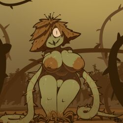 big_areola breasts brown_areola monster_girl mrdoccon plant shortstack slit_pupils spiked_tentacles tagme tentacle_arms tentacles