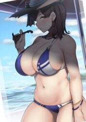 absurdres bangs beach beach_umbrella bikini blush bracelet breasts brown_hair curvy earrings female hat highres jewelry kaga_(kantai_collection) kantai_collection konoshige_(ryuun) large_breasts looking_at_viewer looking_to_the_side multicolored_bikini multicolored_clothes navel necklace outdoors ryuun_(stiil) shore stomach swimsuit thighs umbrella water waves