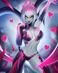 1girls charm evelynn finger_in_mouth heart league_of_legends mcdobo raised_arm seductive_look sfw smile solo_focus succubus white_hair yellow_eyes