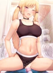 artist_name ball bangs black_choker black_sports_bra blonde_hair blush breasts choker collarbone ear_piercing exercise_ball eyebrows_visible_through_hair female female_ejaculation gyaru gym gym_uniform hair_ornament hands_on_hips highres kimoshi kitagawa_marin large_breasts long_fingernails looking_at_viewer low_twintails masturbation navel one_eye_closed open_mouth panties_aside piercing pink_eyes pussy pussy_juice sex_toy solo sono_bisque_doll_wa_koi_wo_suru sports_bra thighs twintails vibrator weights