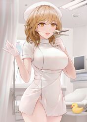 1girls absurdres bangs bed blonde_hair blush breasts chowbie female female_only gloves hat highres hospital hospital_bed intravenous_drip large_breasts light looking_at_viewer medium_hair monitor nurse nurse_cap open_mouth original panties pillow rubber_duck side_slit speculum teeth underwear white_gloves white_panties window yellow_eyes