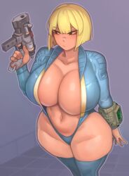 1girls bethesda_softworks blonde_hair breasts busty clothing computer electronics fallout female firearm handgun high_resolution huge_breasts human kelvin_hiu large_breasts light-skinned_female light_skin mob_face pale_skin pip-boy short_hair thick_thighs vault_girl vault_suit weapon wide_hips wristwear