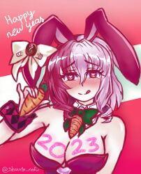 big_ears bunny bunny_ears bunny_girl bunnysuit curly_hair female female_focus female_only heart-shaped_pupils holding_object march_hare monster_girl monster_girl_encyclopedia new_year pink_background short_hair smiling smiling_at_viewer solo solo_female solo_focus two_tone_hair