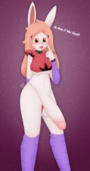 absurd_res anthro balls big_penis blush blush_lines clothed clothed/nude clothing clothing_aside costume five_nights_at_freddy's five_nights_at_freddy's:_security_breach futa_only genitals gynomorph hair hi_res intersex lagomorph legwear leporid looking_down mammal max_draws molly_(max_draws) nude open_mouth orange_eyes orange_hair panties panties_aside penis rabbit roxanne_wolf_(cosplay) scottgames sleeves solo standing stockings text underwear underwear_aside video_games